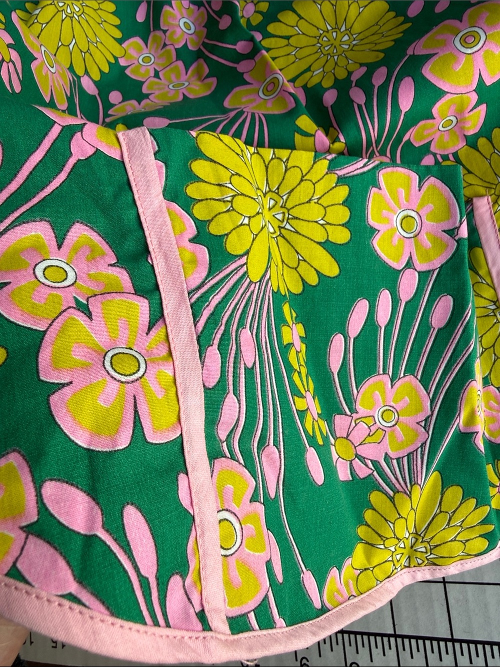 Vintage 1970s Mod Floral Hostess Apron Handmade Green Pink Yellow Flower Power